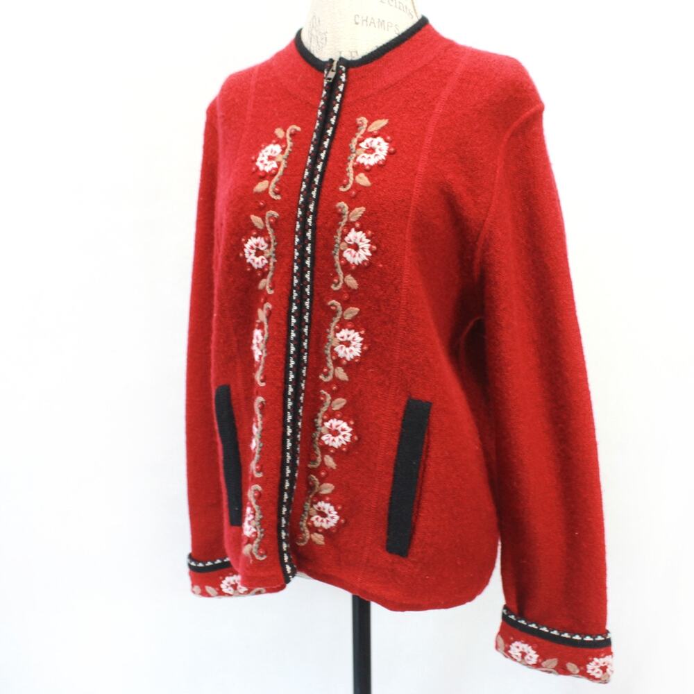 Real Comfort Red 100% Wool Sweater Cardigan Zip Embroidered Floral Cottagecore M